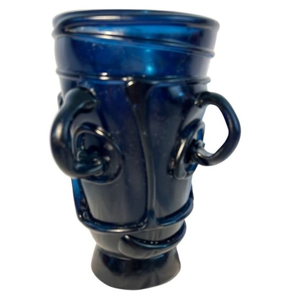 EXTRA LARGE Vintage Opaque Cobalt Blue Glass‎ Vase With 3 Handles Heavy 10”
